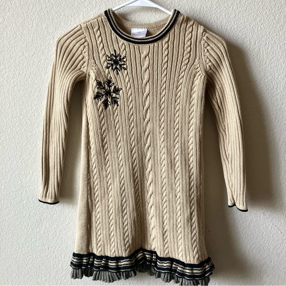 Hanna Andersson Tan Wool Blend Preppy Embroidered Cable Knit Sweater Dress 130cm